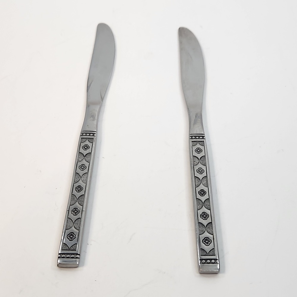 Two Orleans Silver Stainless Korea Table Knife Floral Geometric Stainless Steel